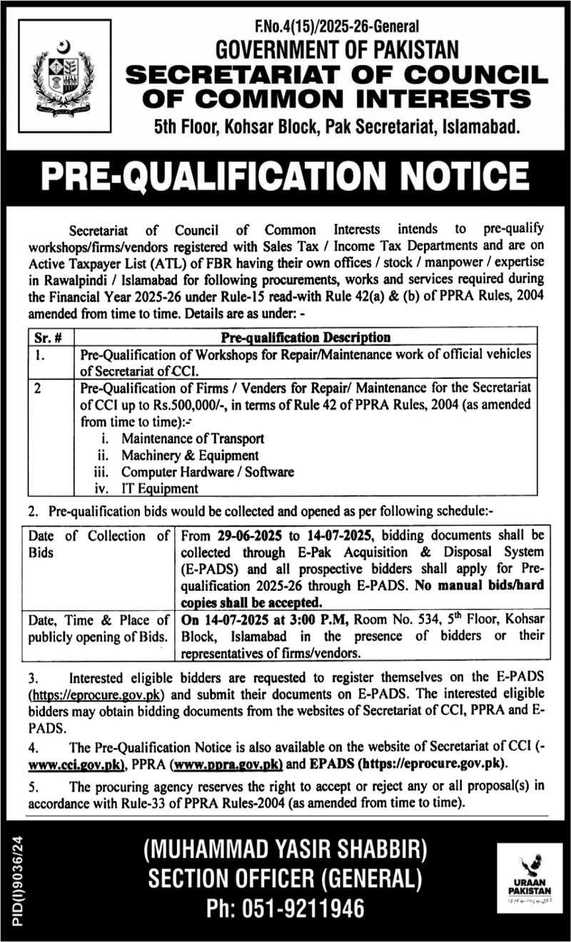 Secretariat of Council Government of Pakistan Islamabad Tender Notice-1